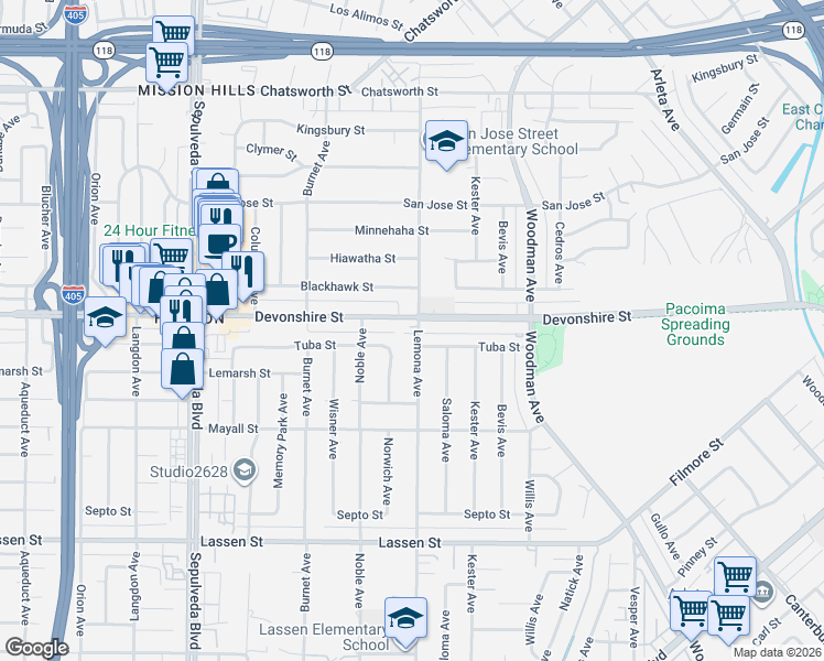 map of restaurants, bars, coffee shops, grocery stores, and more near 10249 Lemona Avenue in Los Angeles