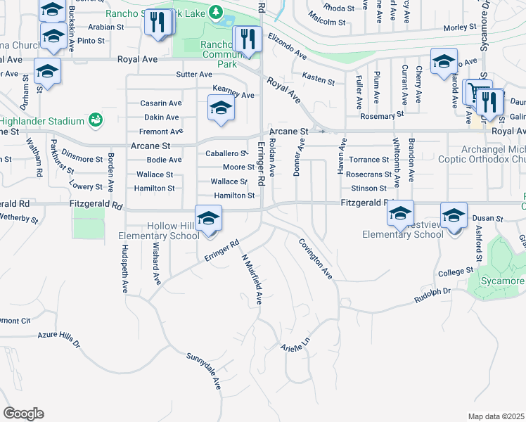 map of restaurants, bars, coffee shops, grocery stores, and more near Erringer Rd & Fitzgerald Rd in Simi Valley