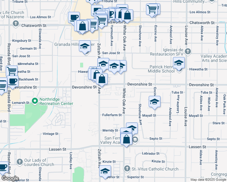 map of restaurants, bars, coffee shops, grocery stores, and more near 10235 White Oak Avenue in Los Angeles