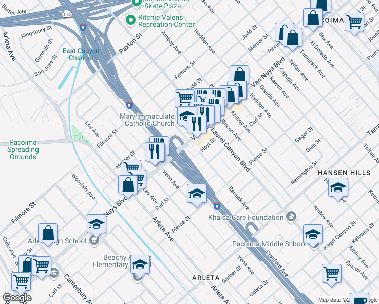 map of restaurants, bars, coffee shops, grocery stores, and more near 13801 Hoyt Street in Los Angeles