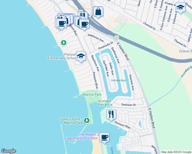 map of restaurants, bars, coffee shops, grocery stores, and more near 2801 Pierpont Boulevard in Ventura