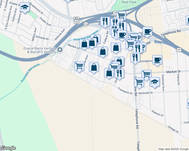 map of restaurants, bars, coffee shops, grocery stores, and more near 1792 Callens Road in Ventura