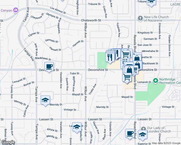 map of restaurants, bars, coffee shops, grocery stores, and more near 18834 Devonshire Street in Los Angeles