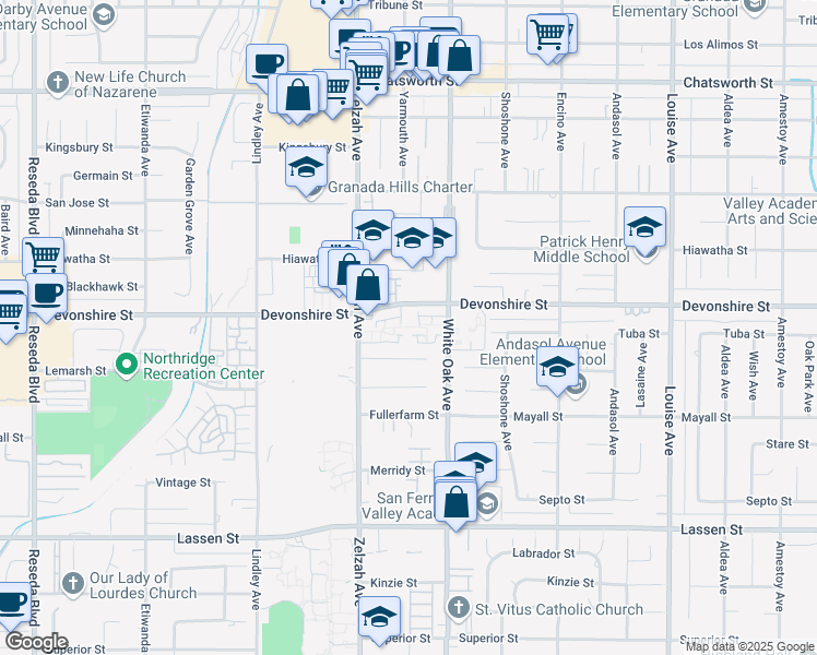 map of restaurants, bars, coffee shops, grocery stores, and more near 10241 White Oak Avenue in Los Angeles