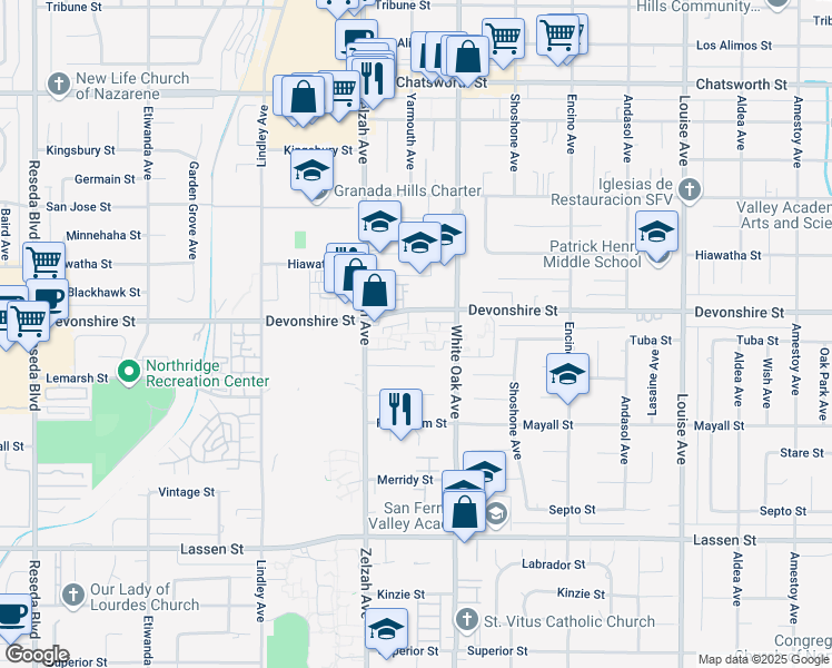 map of restaurants, bars, coffee shops, grocery stores, and more near 10235 White Oak Avenue in Los Angeles