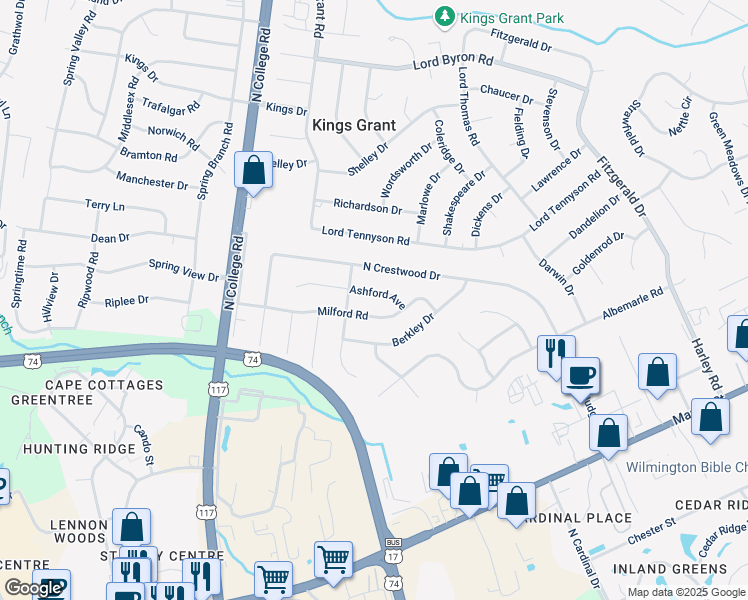 map of restaurants, bars, coffee shops, grocery stores, and more near 313 Ashford Avenue in Wilmington