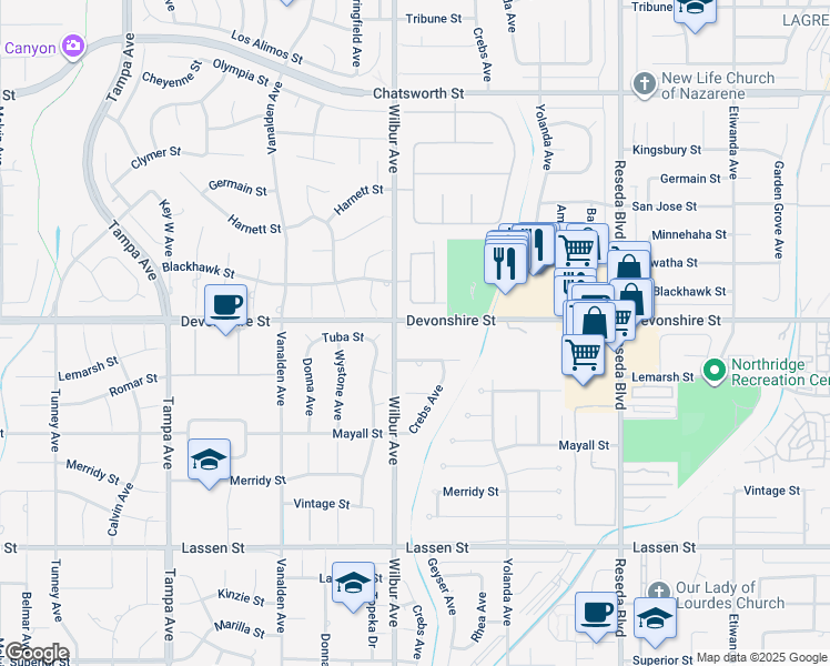 map of restaurants, bars, coffee shops, grocery stores, and more near 18834 Devonshire Street in Los Angeles