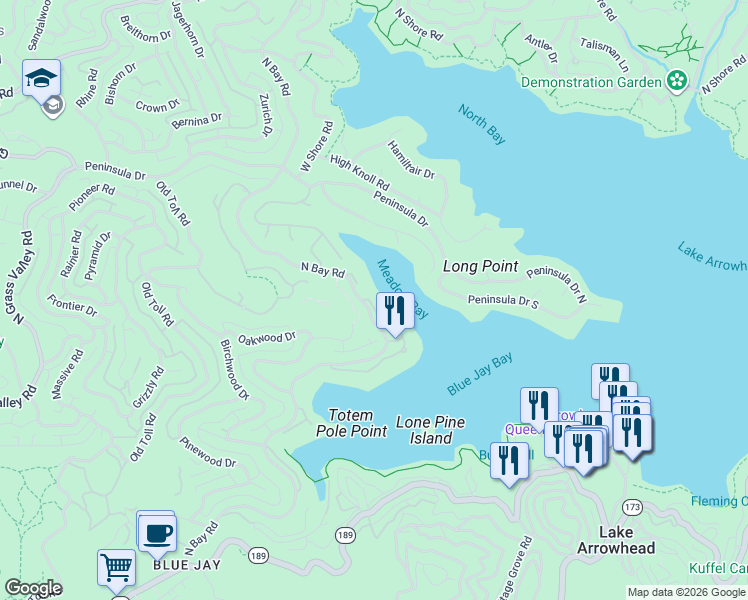 map of restaurants, bars, coffee shops, grocery stores, and more near 27453 North Bay Road in Lake Arrowhead