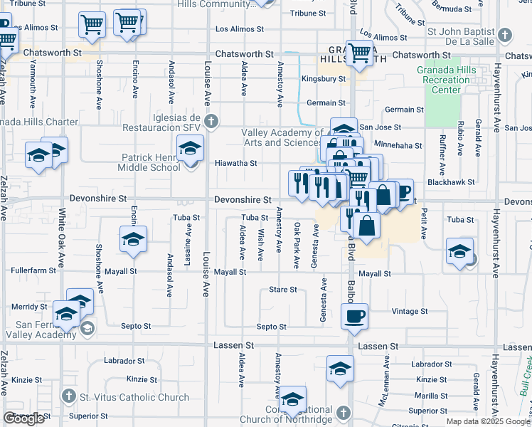 map of restaurants, bars, coffee shops, grocery stores, and more near 17159 Tuba Street in Los Angeles