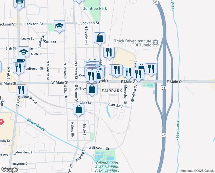 map of restaurants, bars, coffee shops, grocery stores, and more near 108 East Main Street in Tupelo
