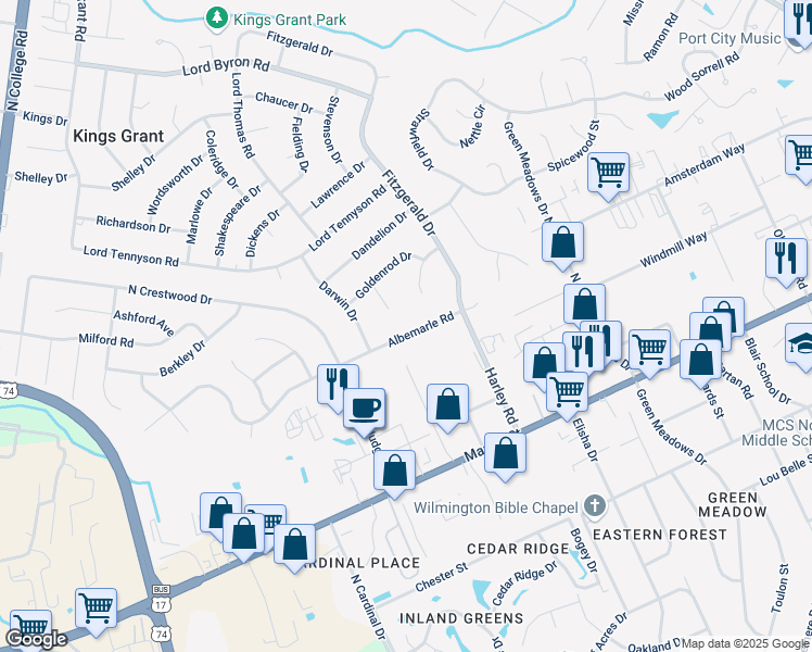 map of restaurants, bars, coffee shops, grocery stores, and more near 122 Albemarle Road in Wilmington