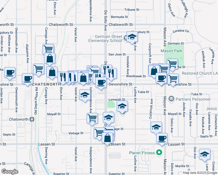 map of restaurants, bars, coffee shops, grocery stores, and more near 20850 Devonshire Street in Los Angeles