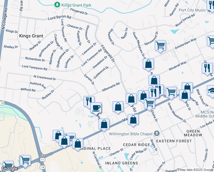 map of restaurants, bars, coffee shops, grocery stores, and more near 122 Albemarle Road in Wilmington