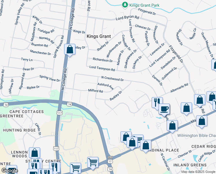 map of restaurants, bars, coffee shops, grocery stores, and more near 321 Ashford Avenue in Wilmington