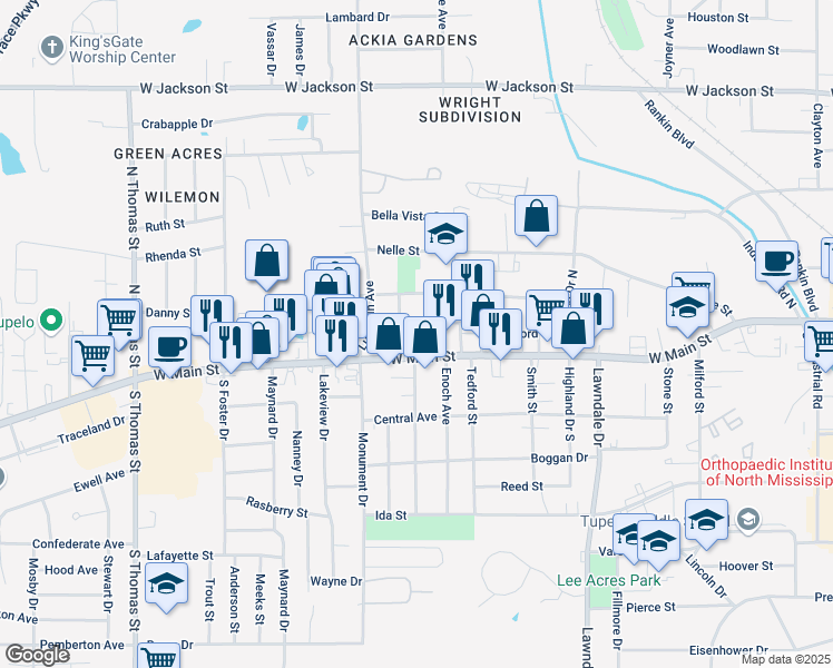 map of restaurants, bars, coffee shops, grocery stores, and more near 1901-1999 Stephen D Lee St in Tupelo