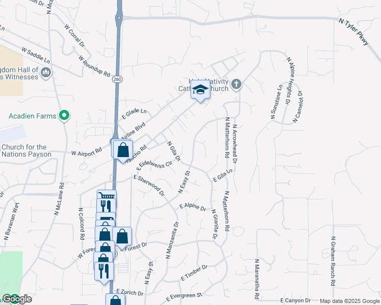 map of restaurants, bars, coffee shops, grocery stores, and more near 1206 North Easy Street in Payson