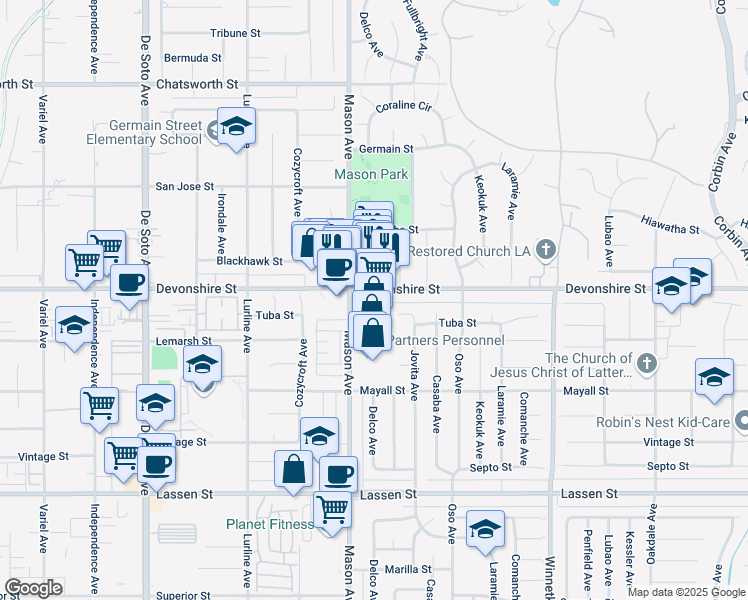 map of restaurants, bars, coffee shops, grocery stores, and more near 20478 Devonshire Street in Los Angeles
