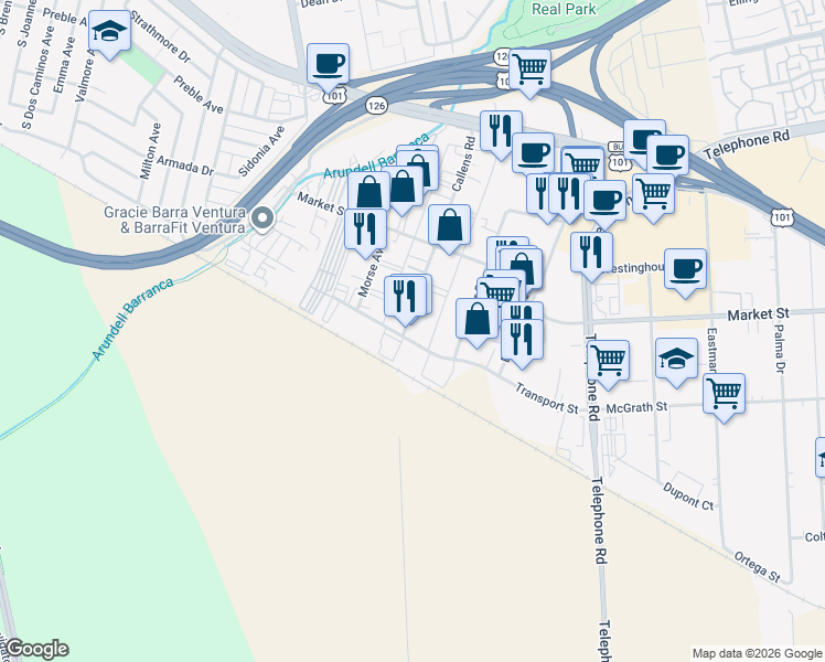 map of restaurants, bars, coffee shops, grocery stores, and more near 1792 Callens Road in Ventura