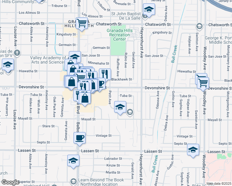 map of restaurants, bars, coffee shops, grocery stores, and more near 10245 Ruffner Avenue in Los Angeles