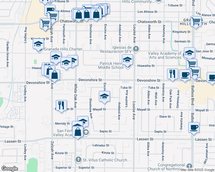 map of restaurants, bars, coffee shops, grocery stores, and more near 10246 Encino Avenue in Los Angeles