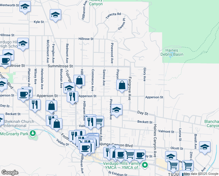 map of restaurants, bars, coffee shops, grocery stores, and more near 10334 Samoa Avenue in Los Angeles