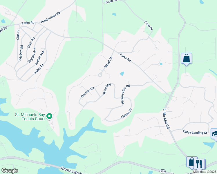 map of restaurants, bars, coffee shops, grocery stores, and more near 6355 Akins Way in Cumming