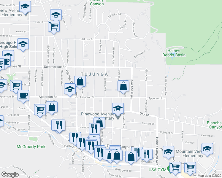 map of restaurants, bars, coffee shops, grocery stores, and more near 10334 Samoa Avenue in Los Angeles