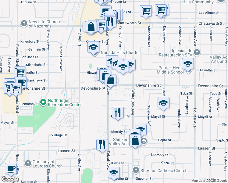map of restaurants, bars, coffee shops, grocery stores, and more near 10240 Zelzah Avenue in Los Angeles