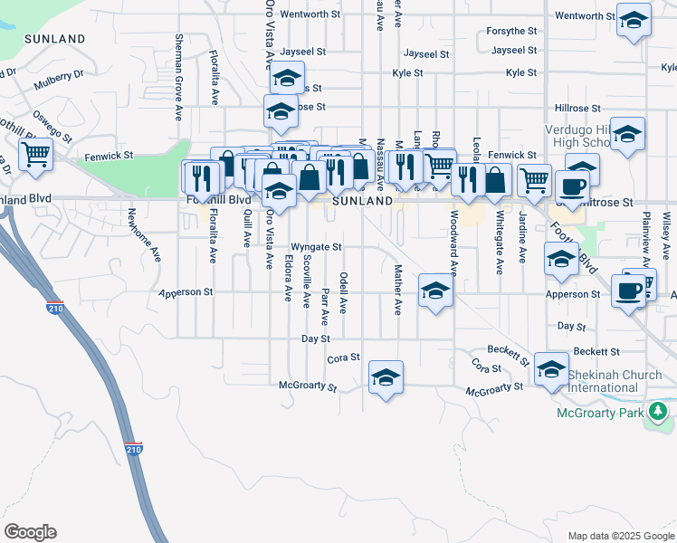 map of restaurants, bars, coffee shops, grocery stores, and more near 10327 Odell Avenue in Los Angeles