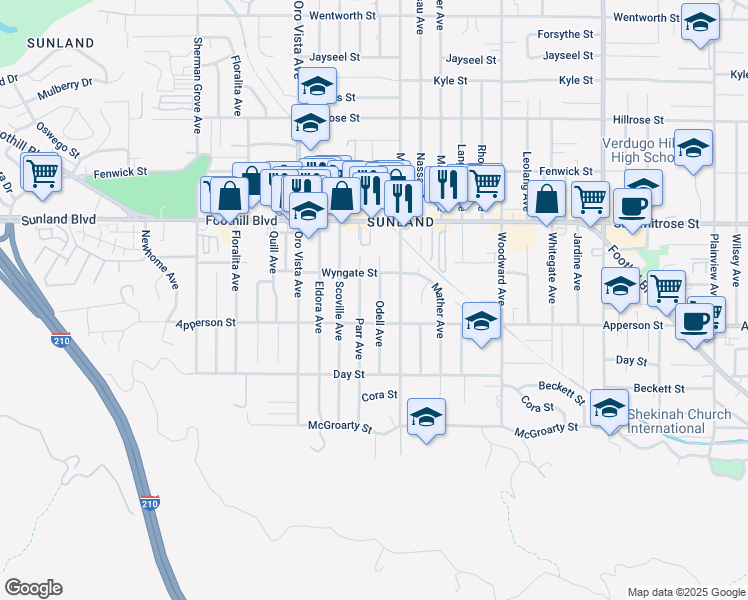 map of restaurants, bars, coffee shops, grocery stores, and more near 10327 Odell Avenue in Los Angeles