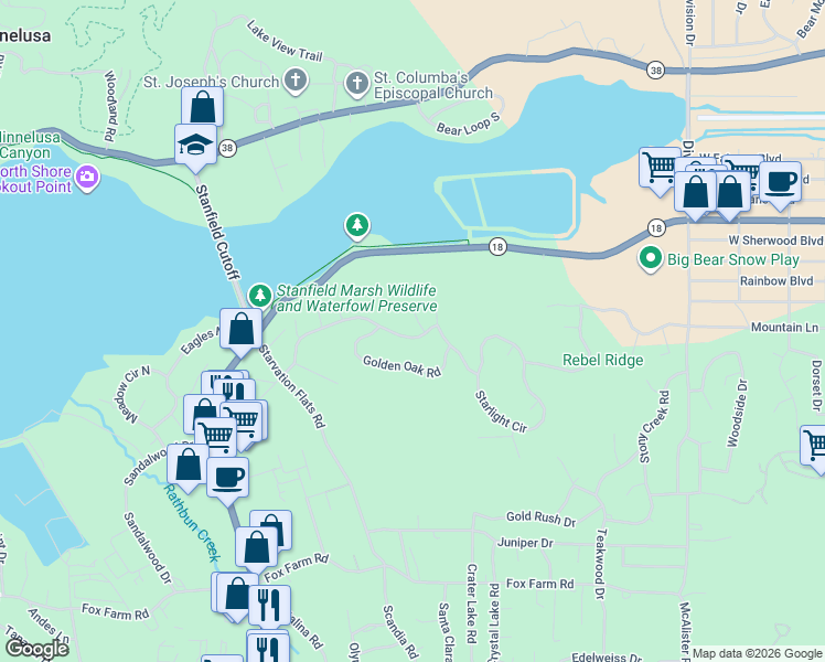 map of restaurants, bars, coffee shops, grocery stores, and more near 42400 Eagle Ridge in Big Bear Lake