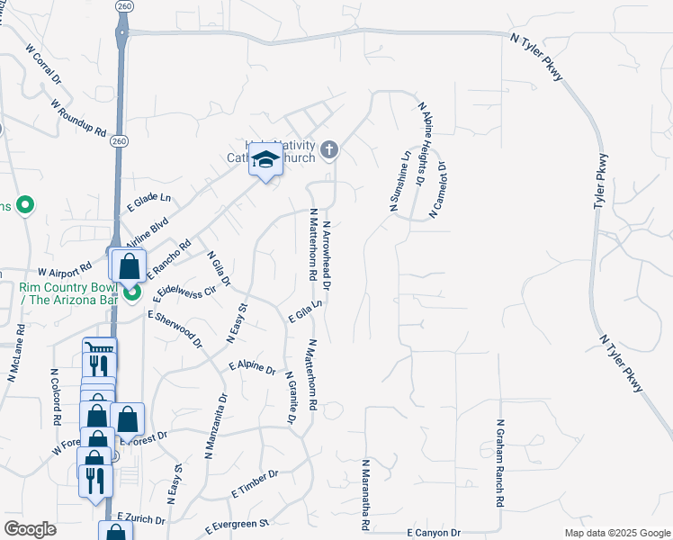 map of restaurants, bars, coffee shops, grocery stores, and more near 1107 North Arrowhead Drive in Payson