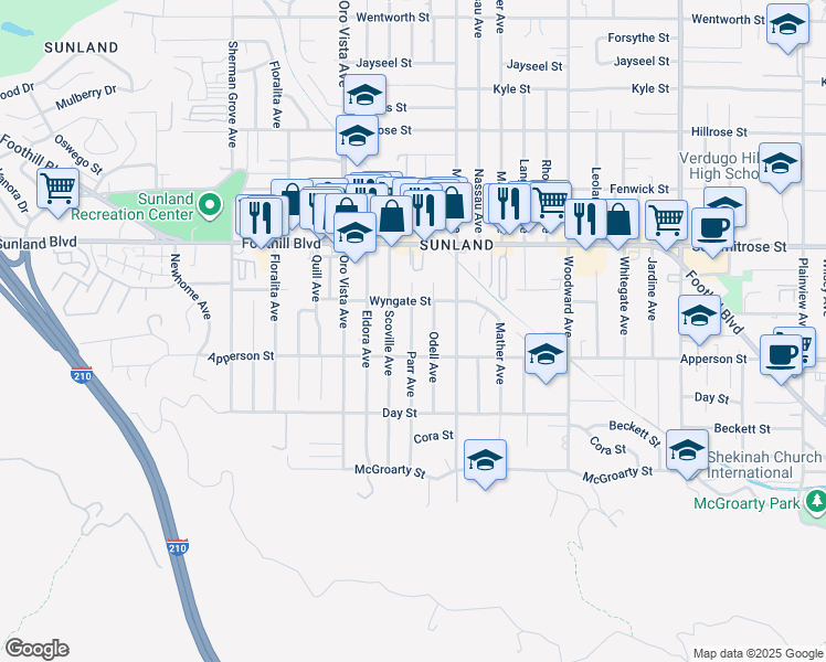 map of restaurants, bars, coffee shops, grocery stores, and more near 10333 Odell Avenue in Los Angeles