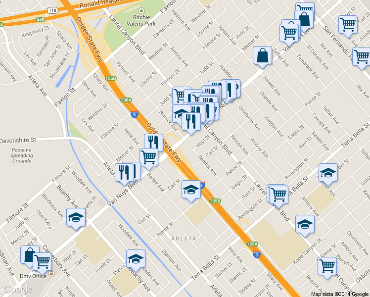 map of restaurants, bars, coffee shops, grocery stores, and more near 13801 Hoyt Street in Los Angeles