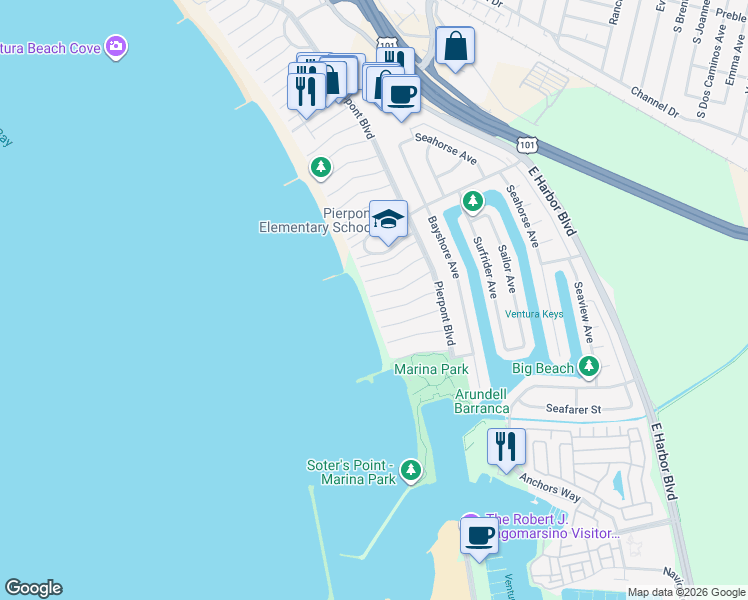 map of restaurants, bars, coffee shops, grocery stores, and more near 1364 Weymouth Lane in Ventura