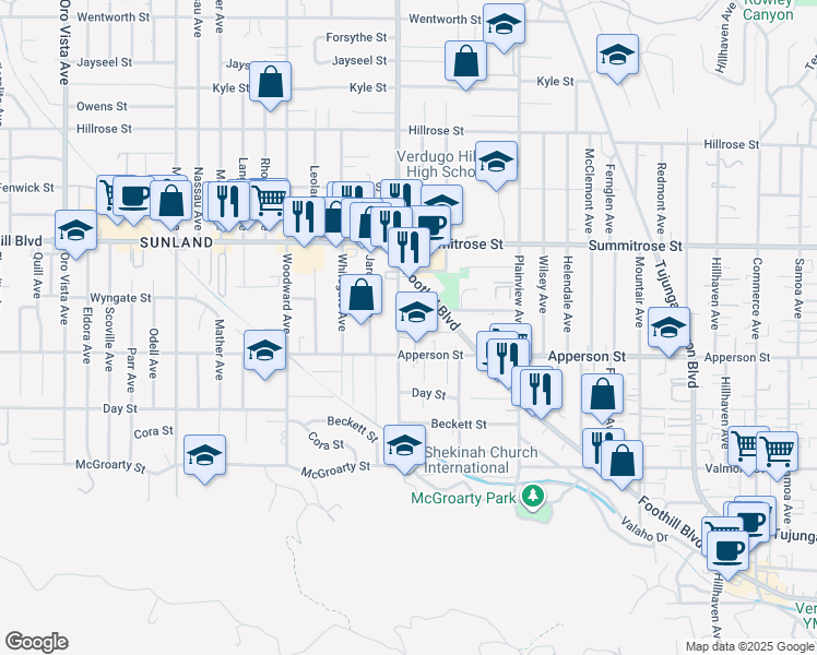 map of restaurants, bars, coffee shops, grocery stores, and more near 10330 Mount Gleason Avenue in Los Angeles