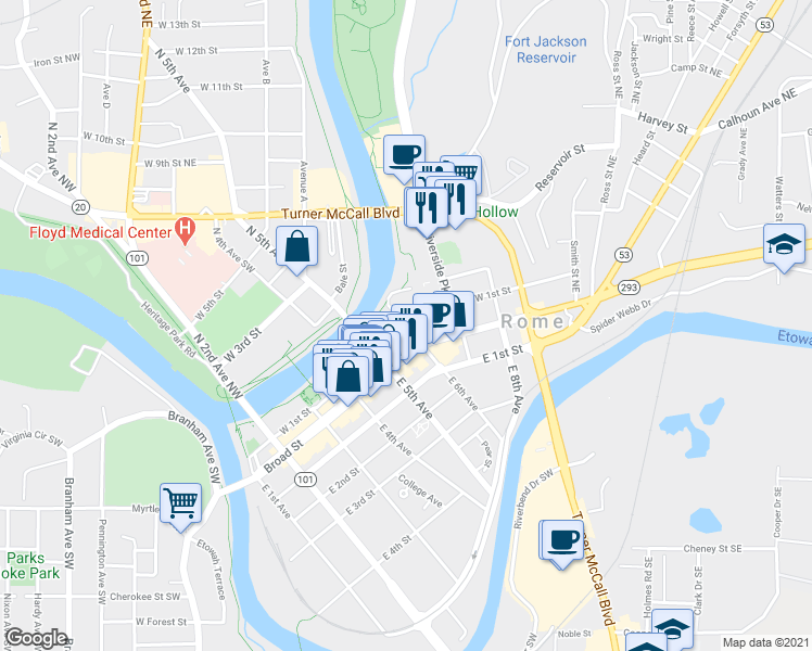 map of restaurants, bars, coffee shops, grocery stores, and more near 600 West 1st Street in Rome