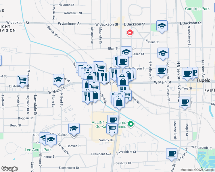 map of restaurants, bars, coffee shops, grocery stores, and more near 915 Main Street in Tupelo
