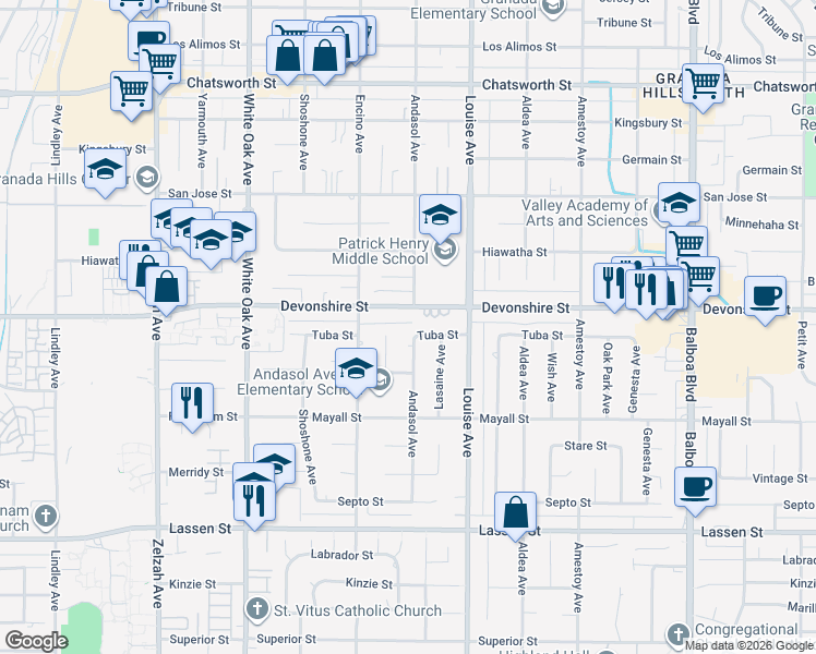 map of restaurants, bars, coffee shops, grocery stores, and more near 10245 Andasol Avenue in Los Angeles
