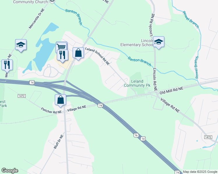 map of restaurants, bars, coffee shops, grocery stores, and more near 9150 John Carter Road Northeast in Leland