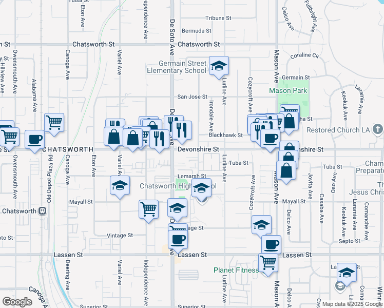 map of restaurants, bars, coffee shops, grocery stores, and more near 20812 Devonshire Street in Los Angeles