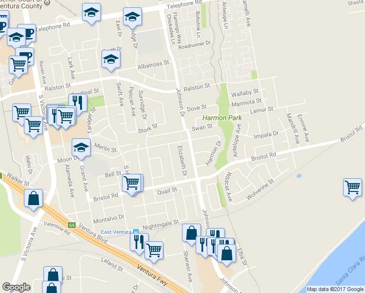 map of restaurants, bars, coffee shops, grocery stores, and more near 2118 Elizabeth Drive in Ventura