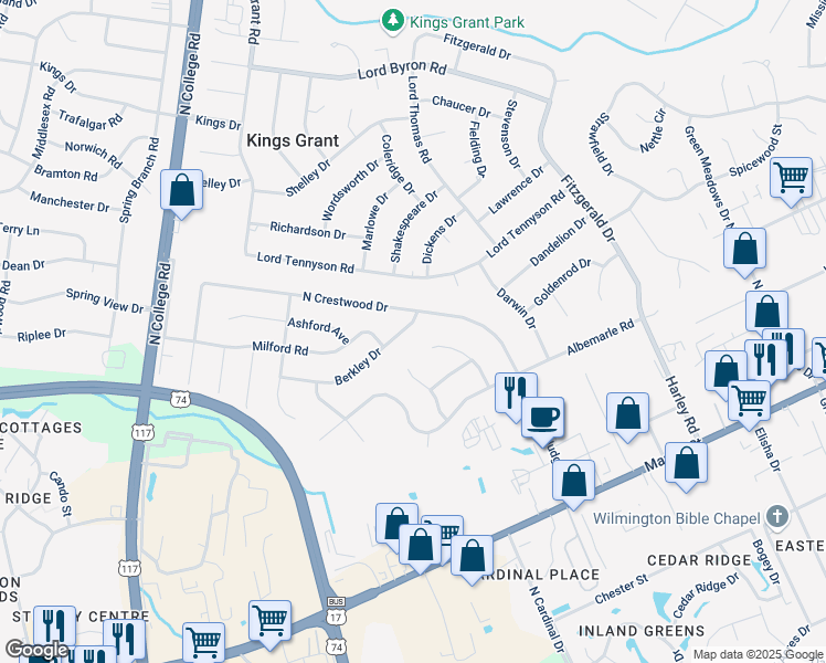 map of restaurants, bars, coffee shops, grocery stores, and more near 4878 Berkley Drive in Wilmington
