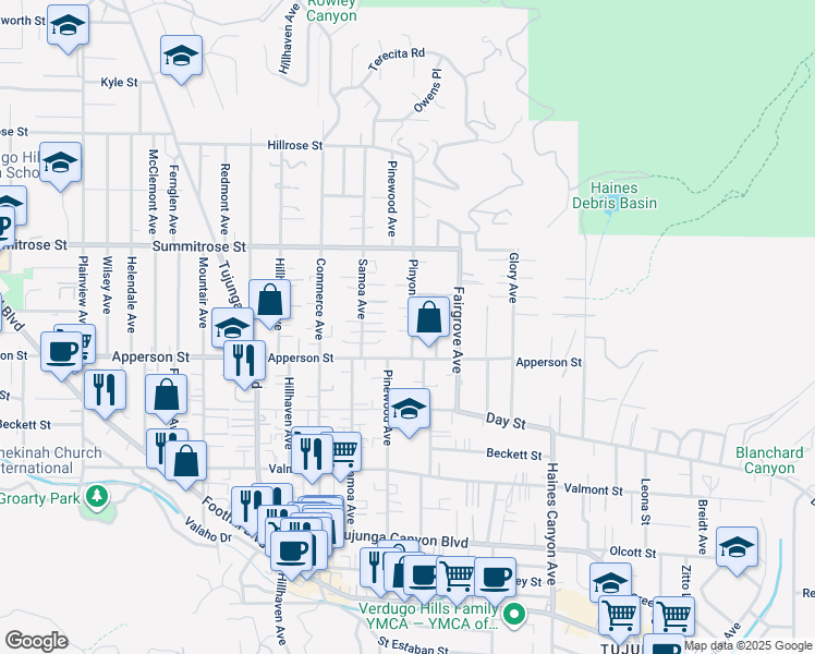 map of restaurants, bars, coffee shops, grocery stores, and more near 10337 Pinyon Avenue in Los Angeles