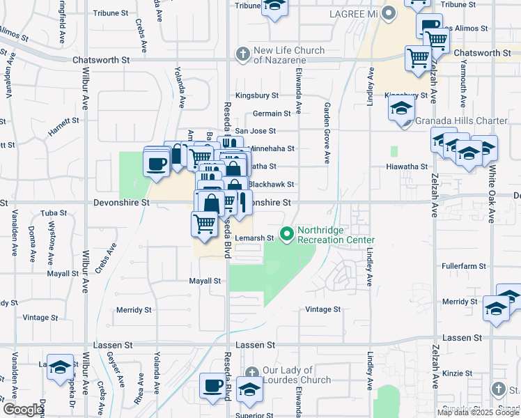 map of restaurants, bars, coffee shops, grocery stores, and more near 18415 Tuba Street in Los Angeles