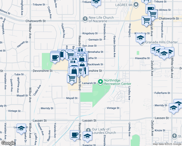 map of restaurants, bars, coffee shops, grocery stores, and more near 18419 Tuba Street in Los Angeles