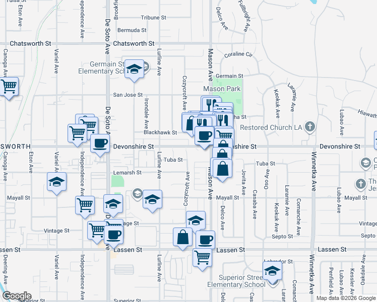 map of restaurants, bars, coffee shops, grocery stores, and more near 10256 Cozycroft Avenue in Los Angeles