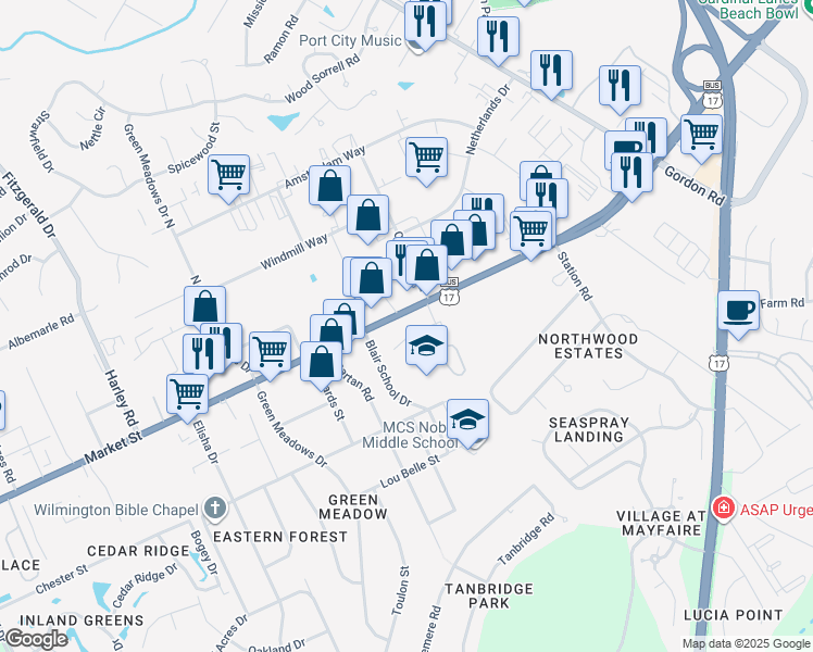 map of restaurants, bars, coffee shops, grocery stores, and more near 6620 U.S. 17 Business in Wilmington