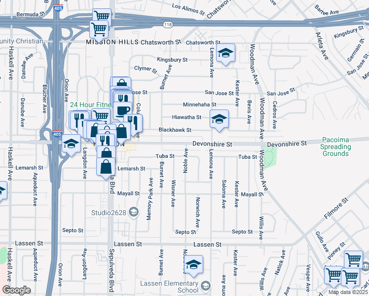 map of restaurants, bars, coffee shops, grocery stores, and more near 15102 Devonshire Street in Los Angeles