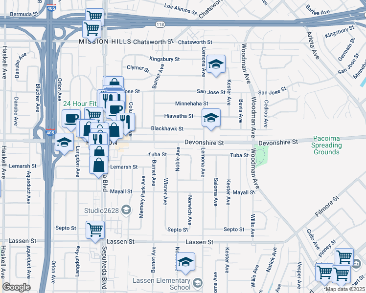 map of restaurants, bars, coffee shops, grocery stores, and more near 15102 Devonshire Street in Los Angeles